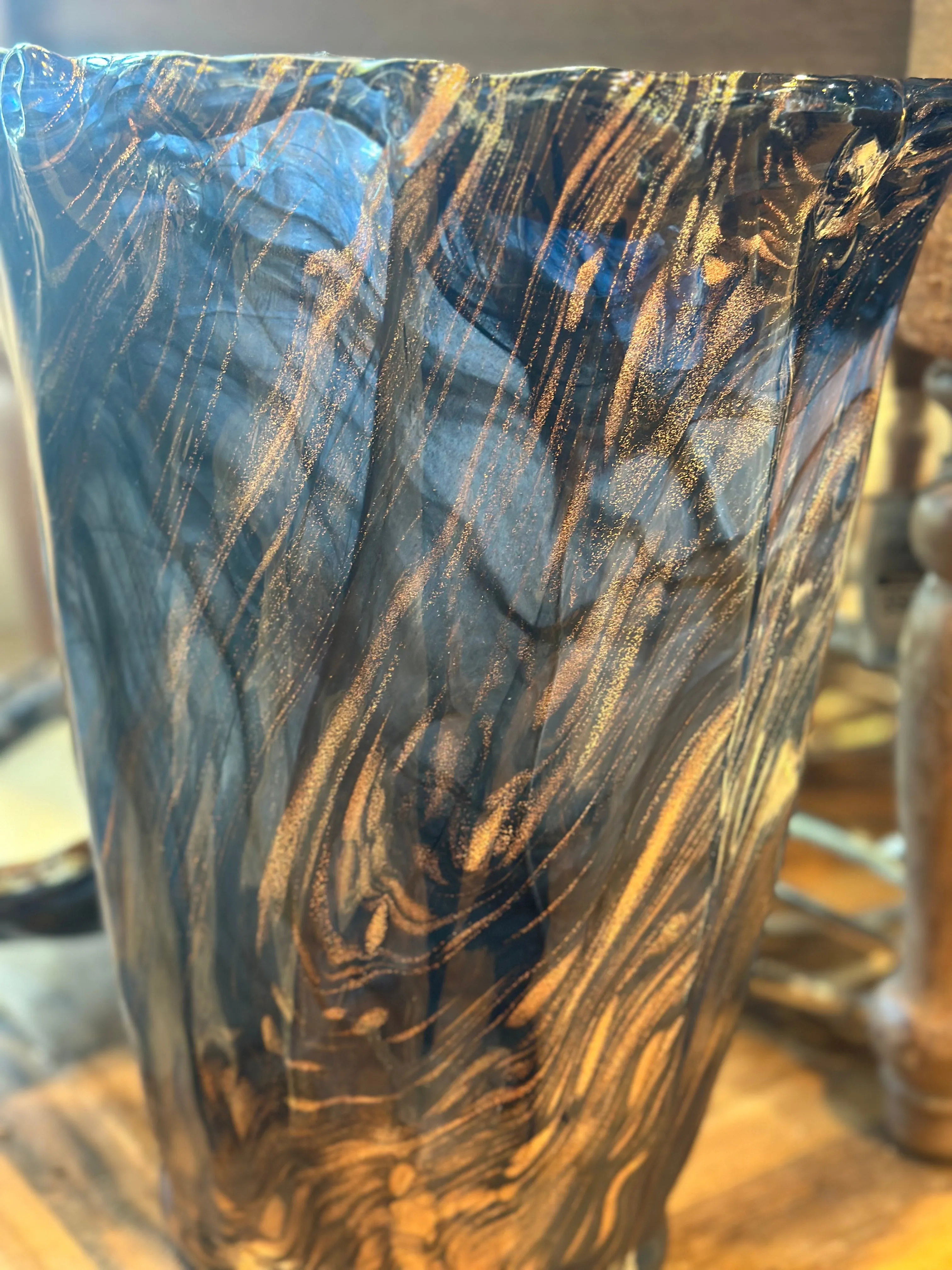 15" Ginerva Vase Opulent Amber and Black Swirled Italian Art Glass
