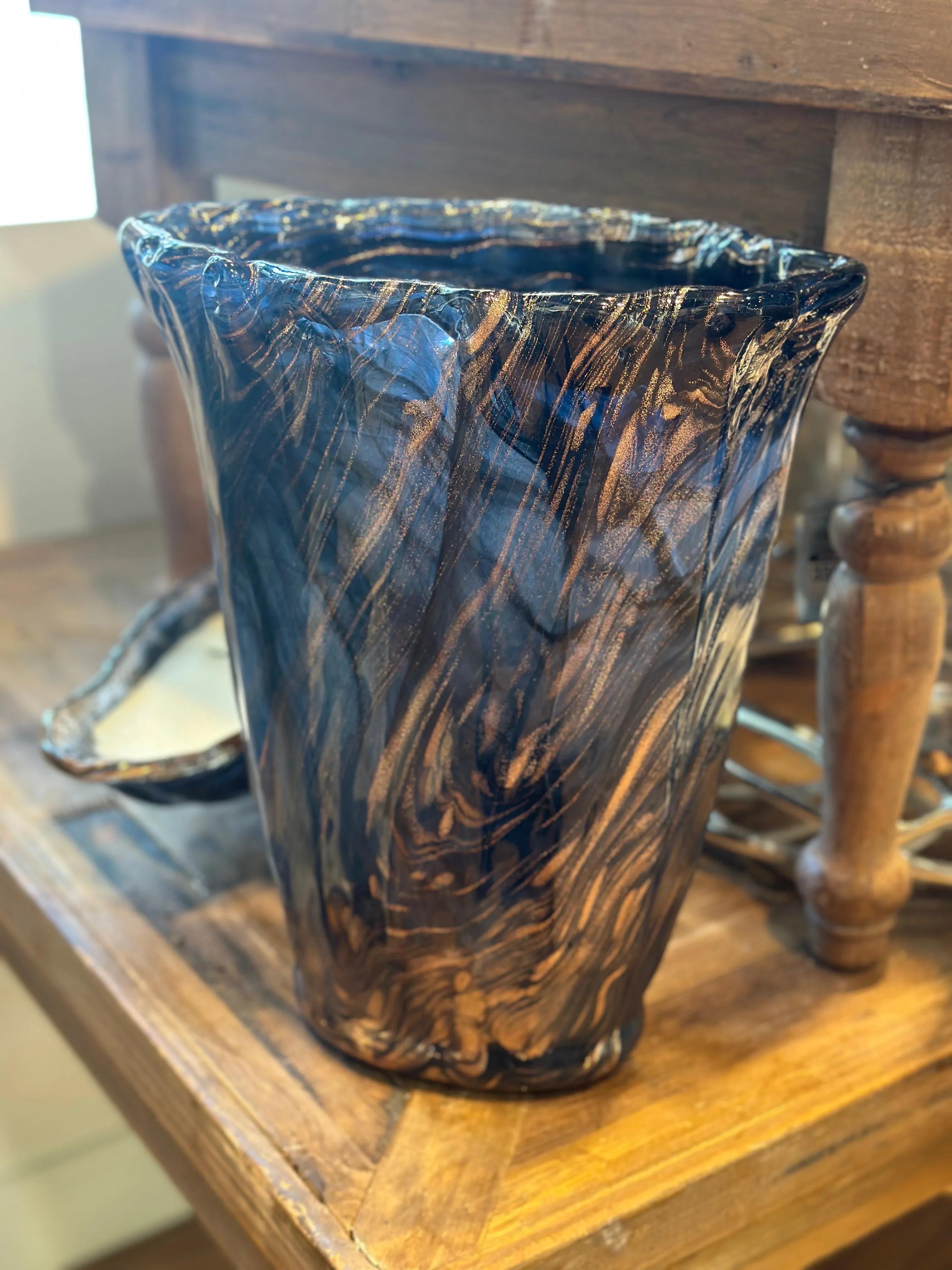 15" Ginerva Vase Opulent Amber and Black Swirled Italian Art Glass