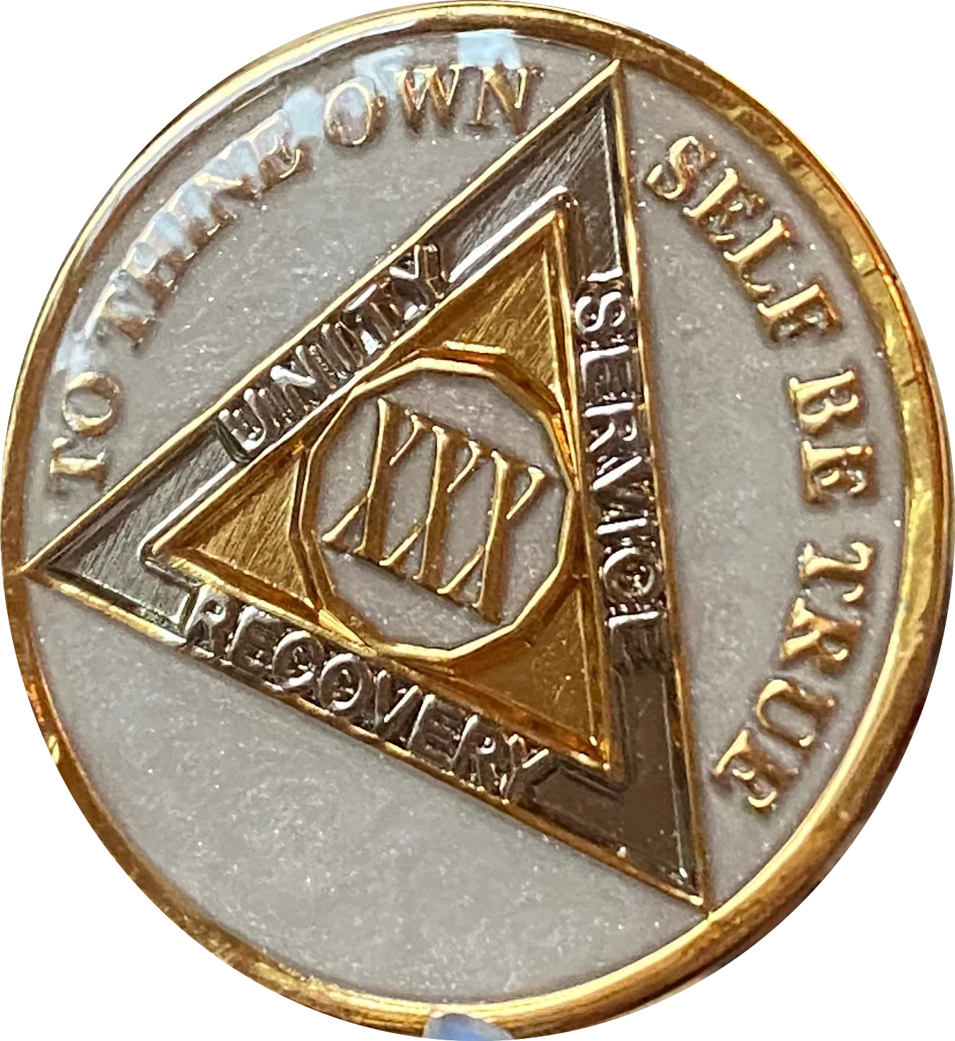 30 Year AA Medallion Opulent Pearl Silver Swirl Tri-Plate Sobriety Chip