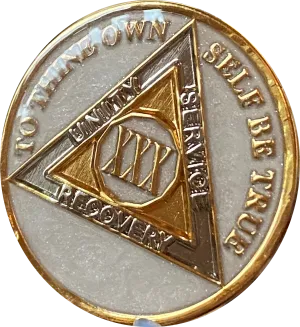 30 Year AA Medallion Opulent Pearl Silver Swirl Tri-Plate Sobriety Chip