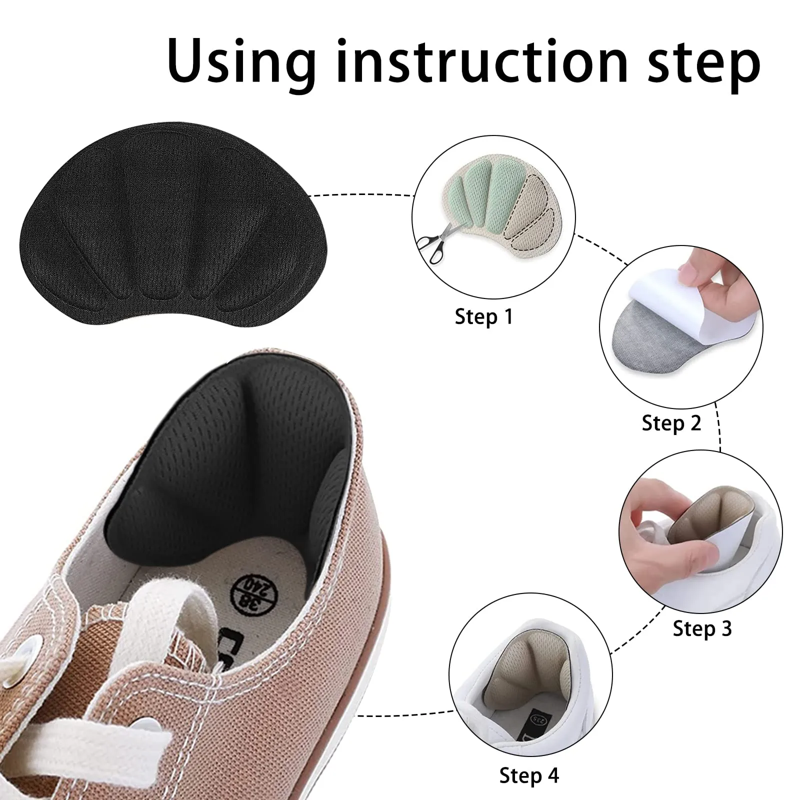 4 Pairs Heel Grips Shoe, Heel Cushion Pads Set for Shoes Too Big Heel Grips Shoe Pads Inserts Liner Self (Black)