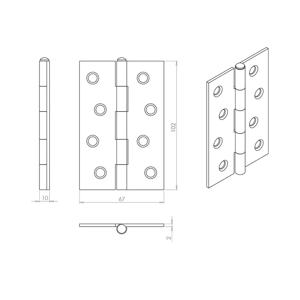 Ares Loft Style Polished Gold Finish Square Cornered Hinges 102x67x2mm - Single Hinge