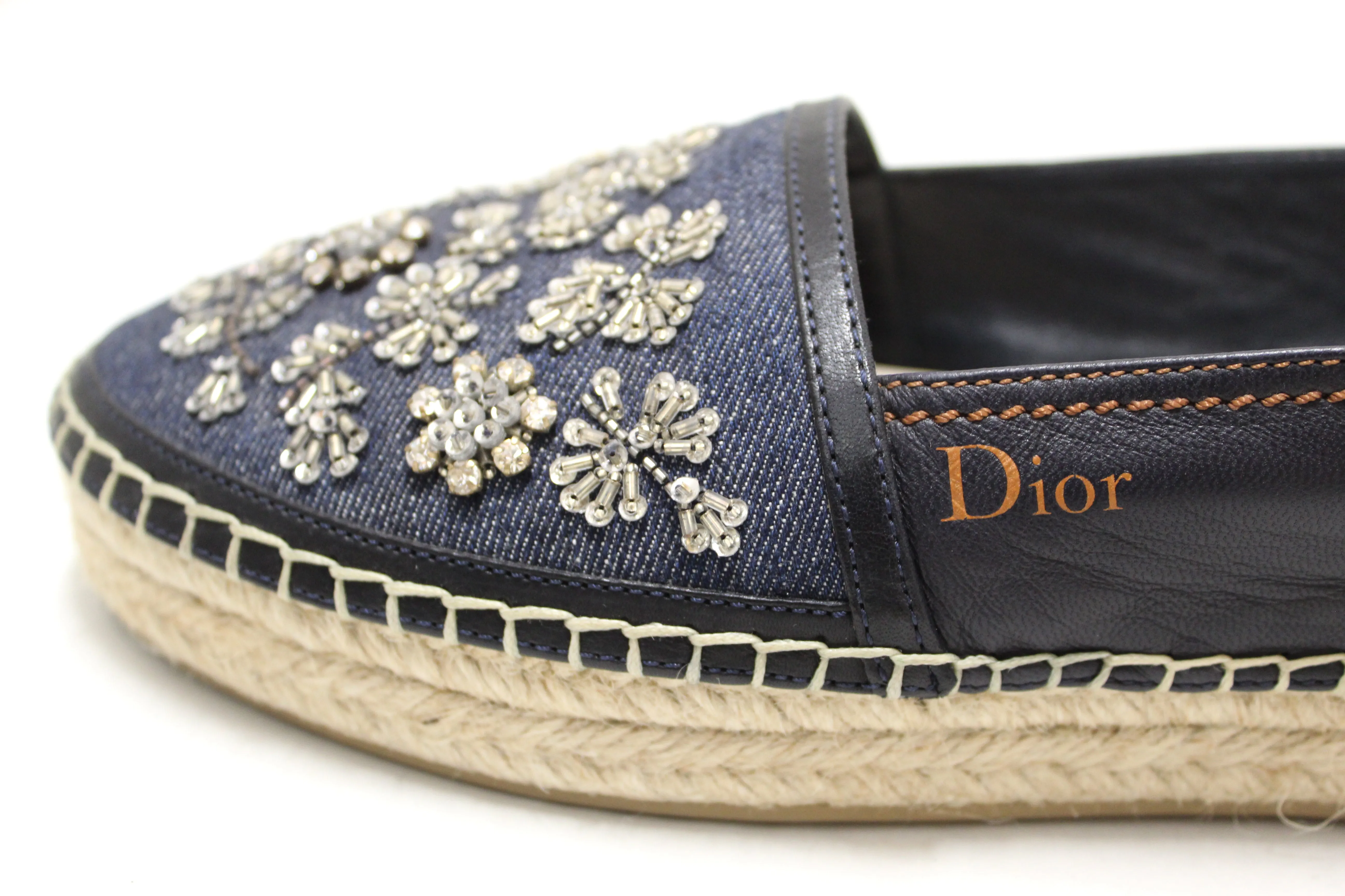 Authentic Christian Dior Blue Nappa Leather Denim Espadrille Shoes Size 39