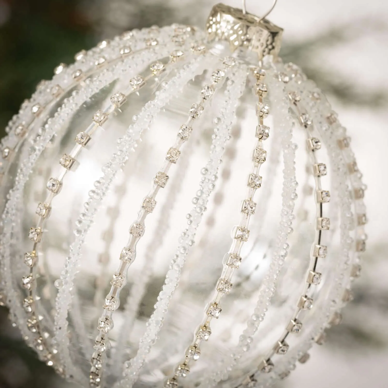 Beaded Crystal Ball Ornament Clear 4"H Glass