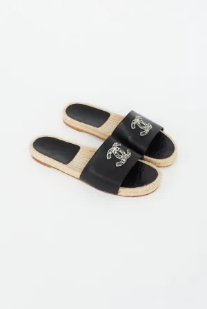Black Embellished Logo Espadrille Slide
