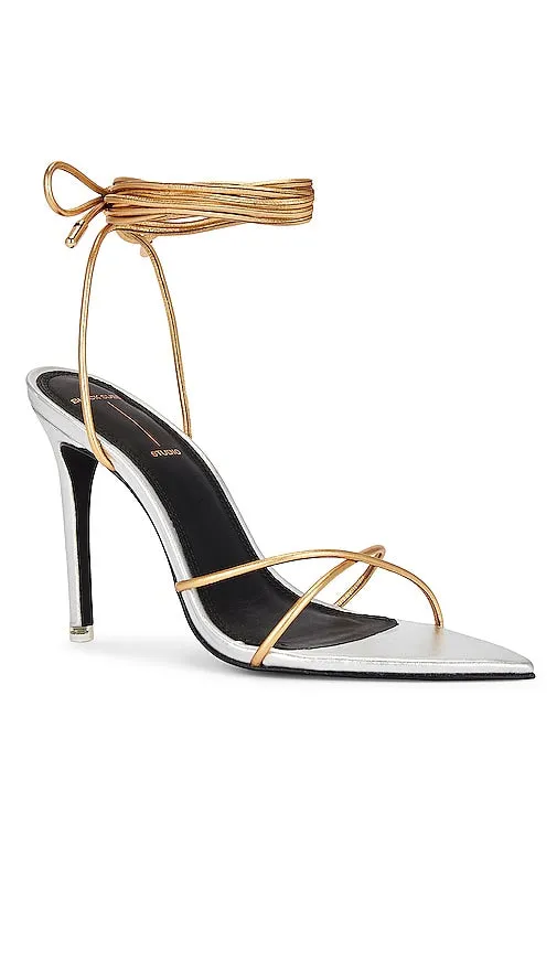 BLACK SUEDE STUDIO Talia Heel Sandal in Metallic Silver