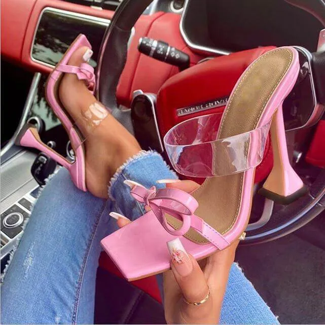 Bow PU Square Toe High Heel Mule Sandals