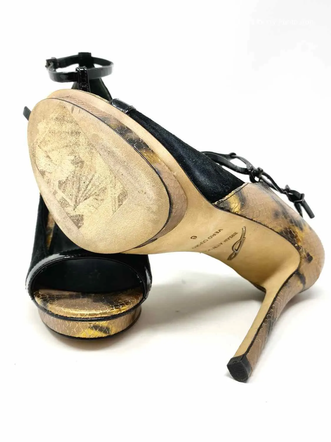 BRIAN ATWOOD Shoe Size 6 Black/Gold Heeled Snake Print Sandals