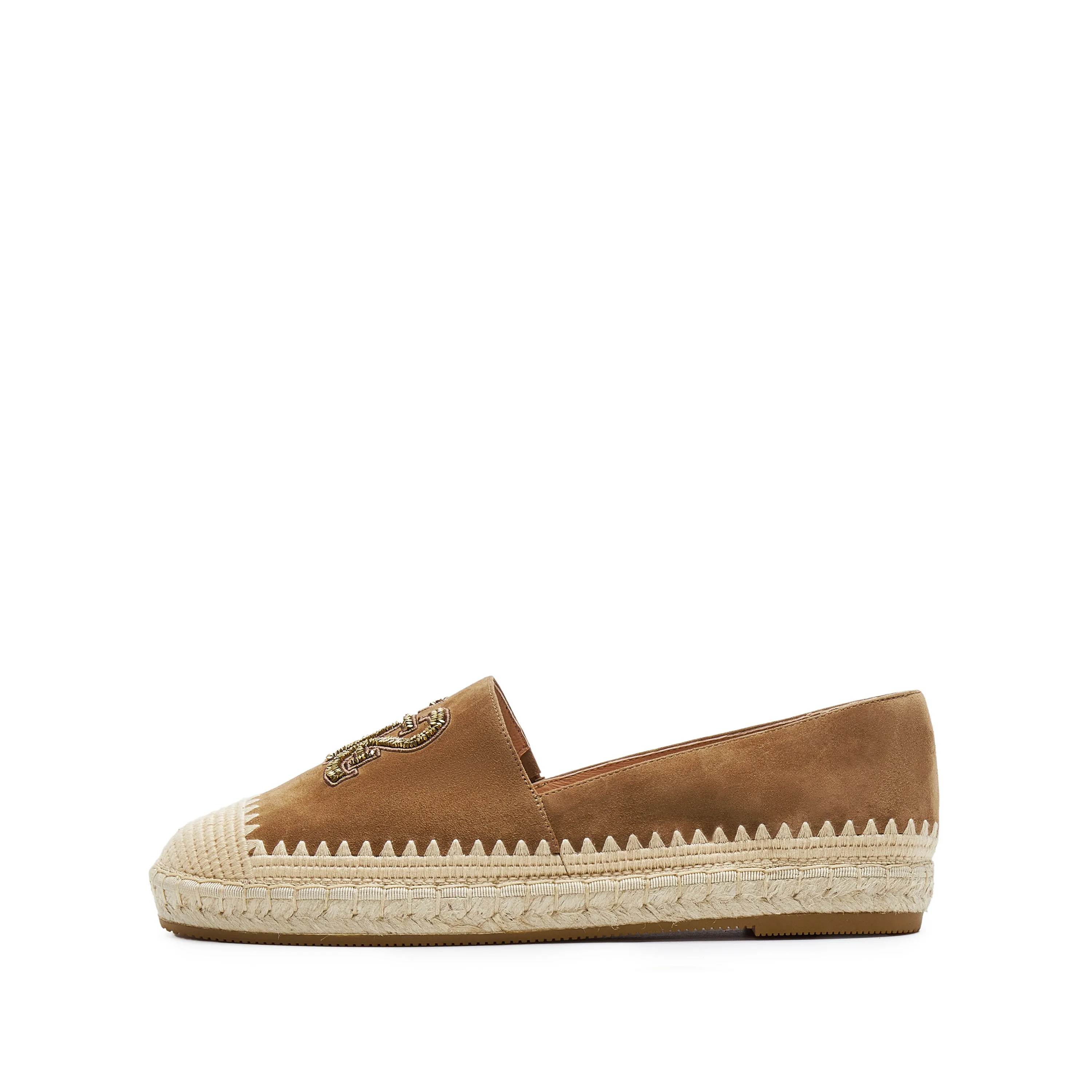 Brown Golden Bead-Embellished Suede Espadrilles