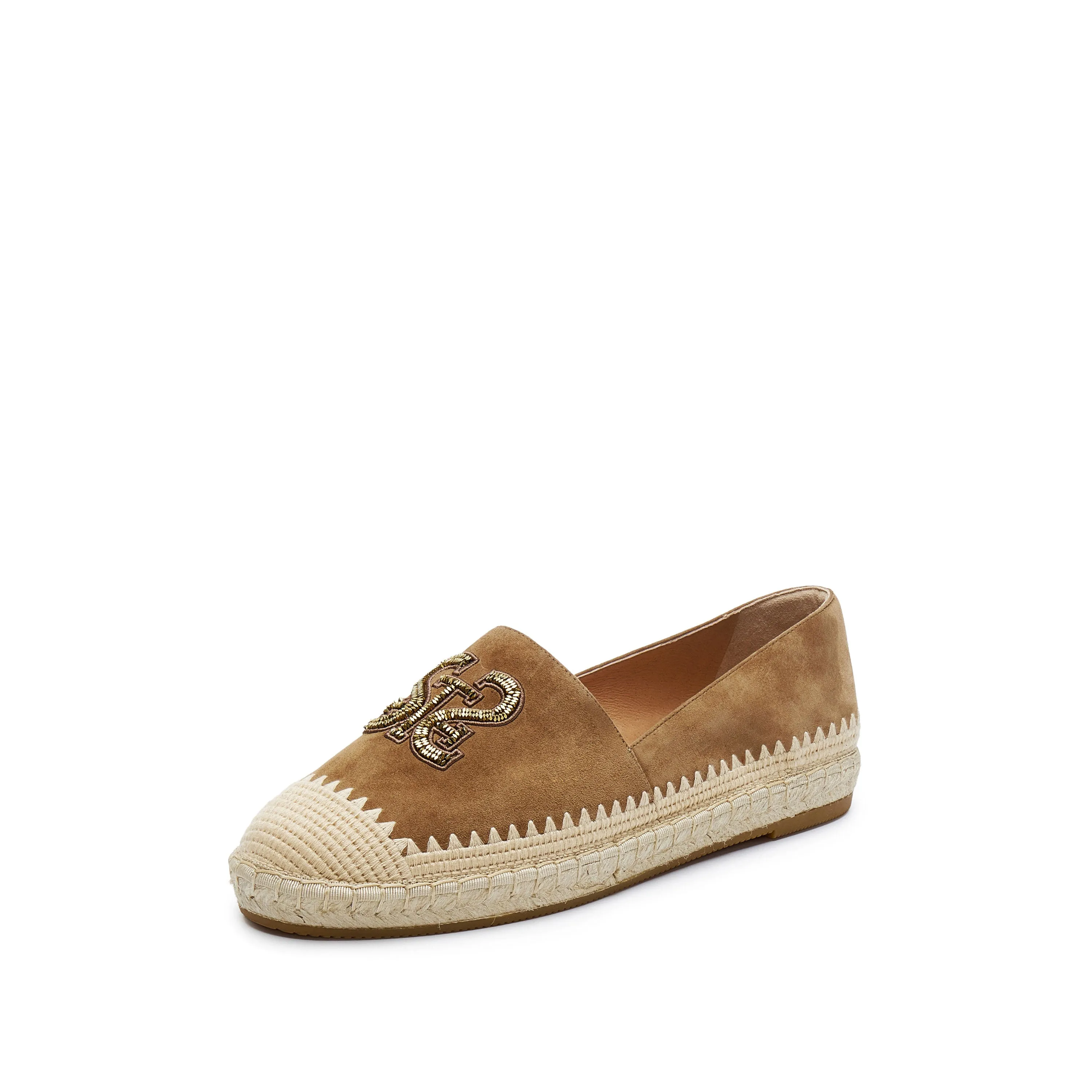Brown Golden Bead-Embellished Suede Espadrilles