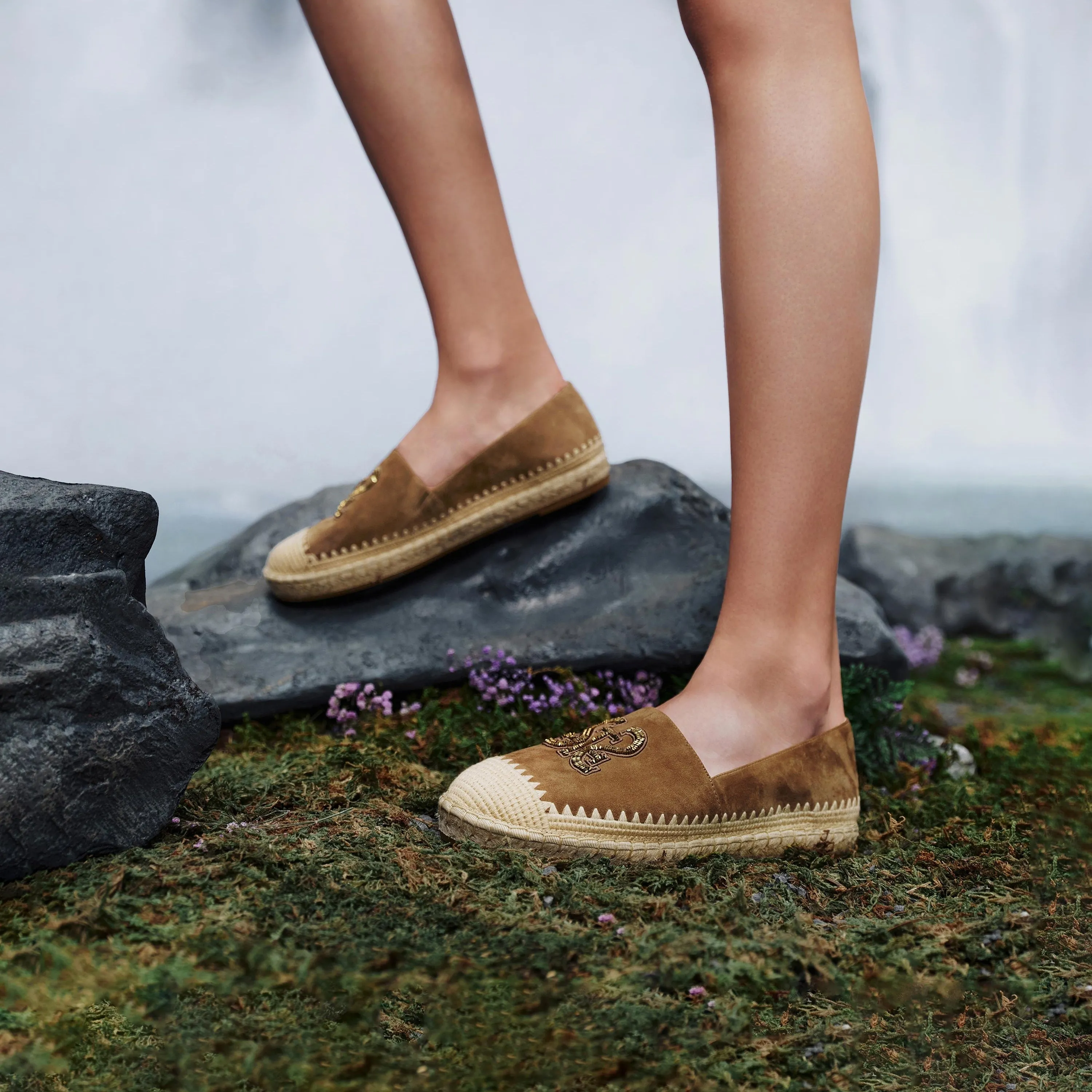 Brown Golden Bead-Embellished Suede Espadrilles