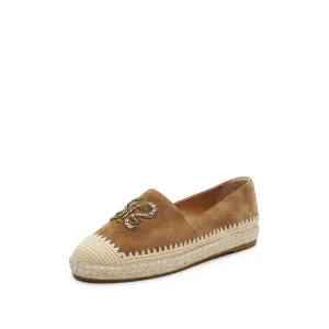 Brown Golden Bead-Embellished Suede Espadrilles