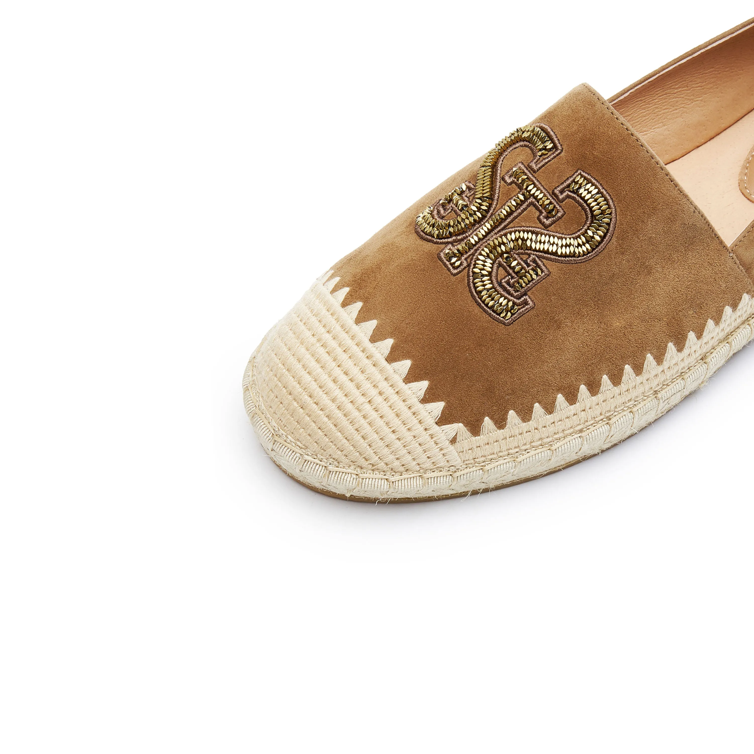 Brown Golden Bead-Embellished Suede Espadrilles