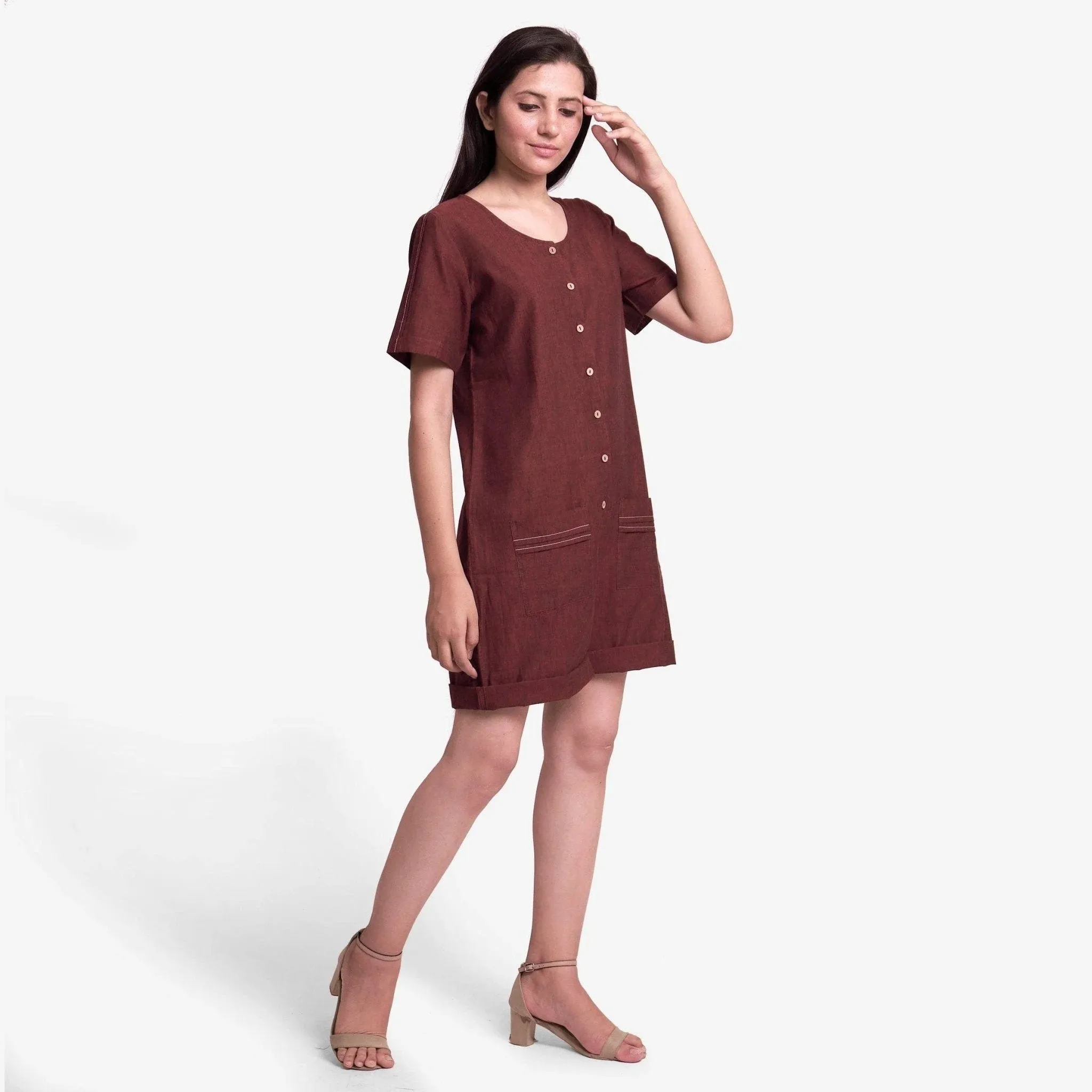 Brown Mangalgiri Cotton Button-Down Short Romper