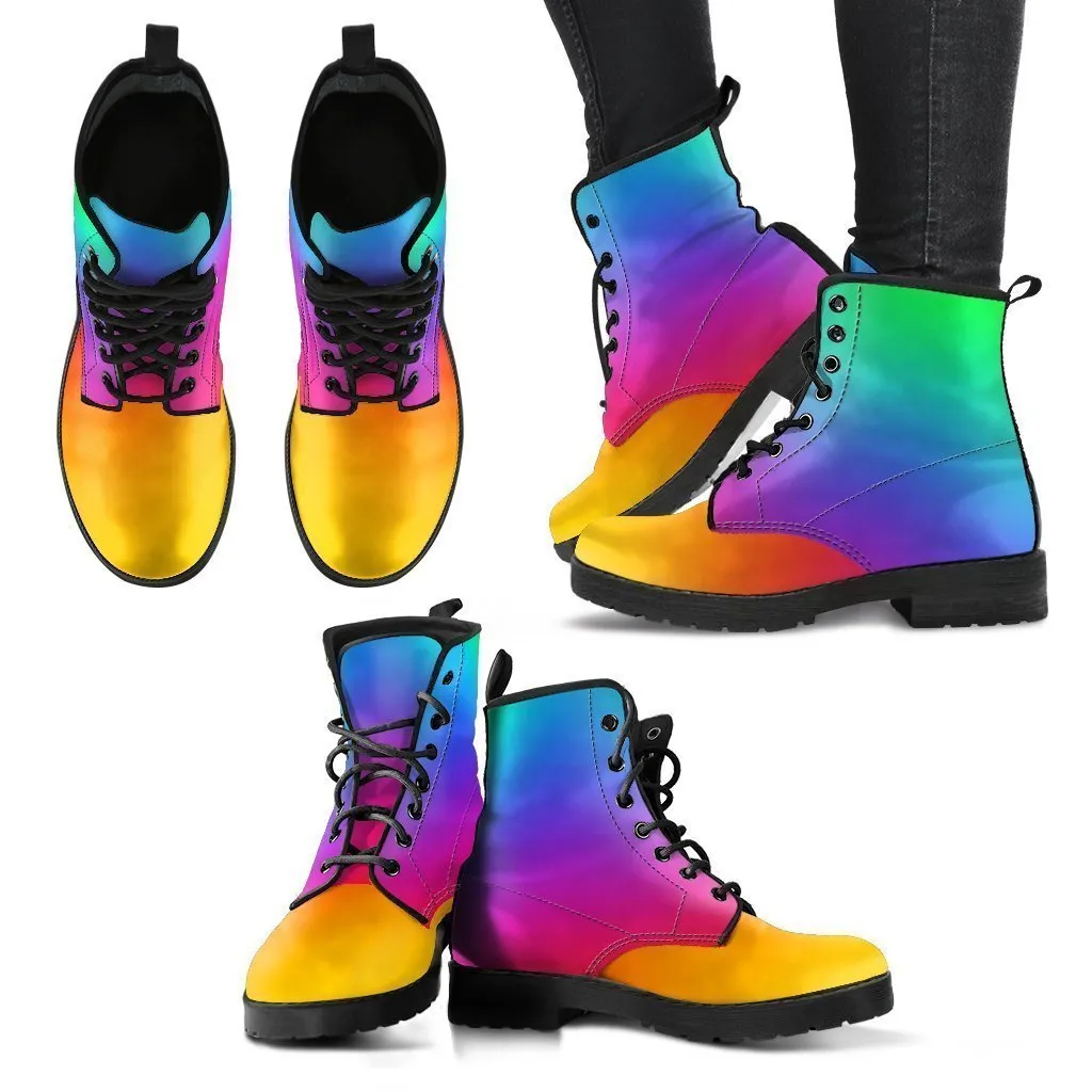 Combat Boots - Rainbow Shoes | Boho Shoes, Vegan Leather Boots, Aesthetic Shoes, Sorority Shoes