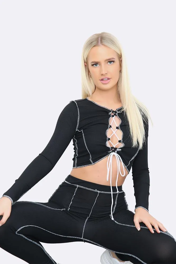 Contrast Stitch Lace Up Crop Top & Leggings Set
