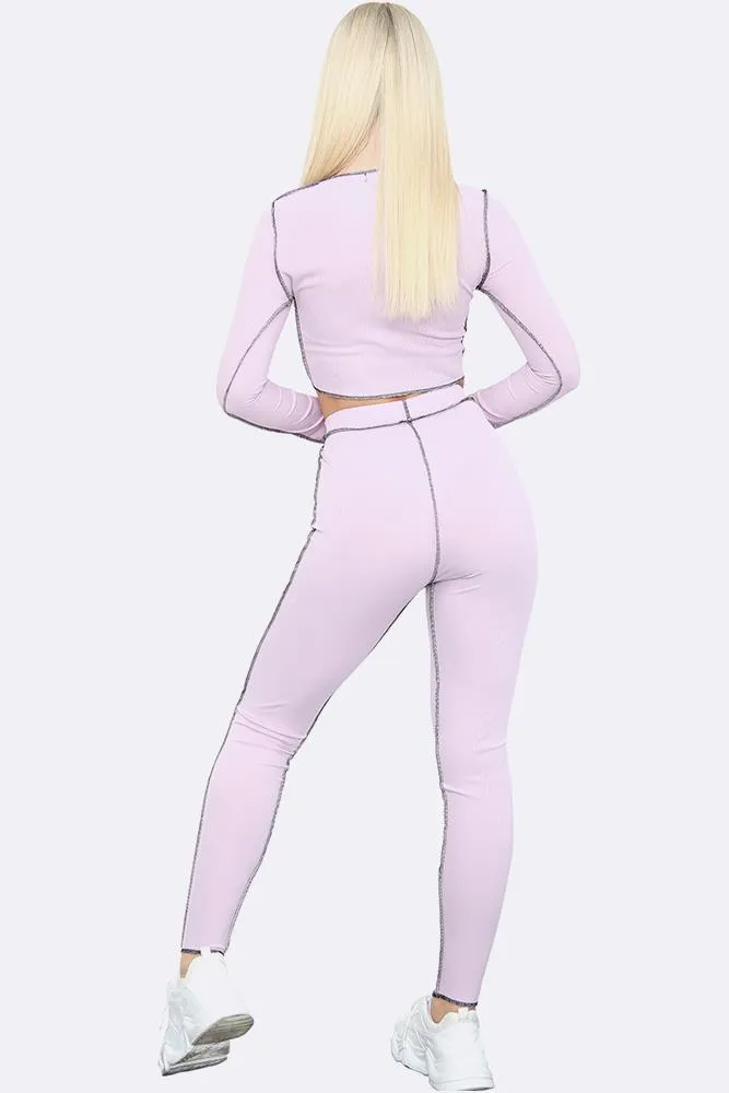 Contrast Stitch Lace Up Crop Top & Leggings Set