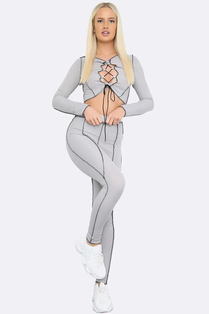 Contrast Stitch Lace Up Crop Top & Leggings Set
