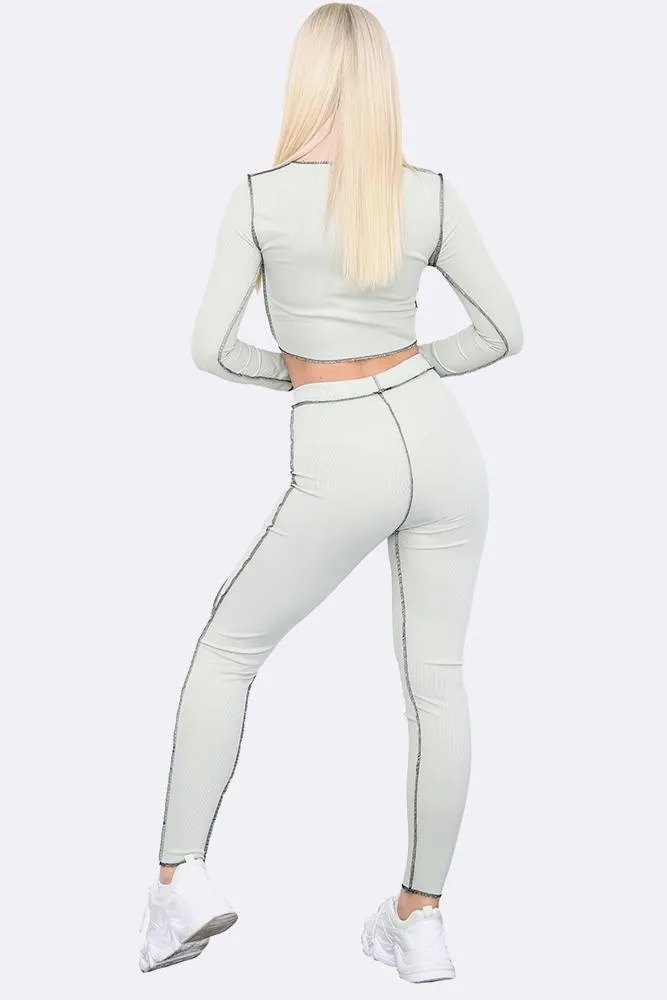 Contrast Stitch Lace Up Crop Top & Leggings Set