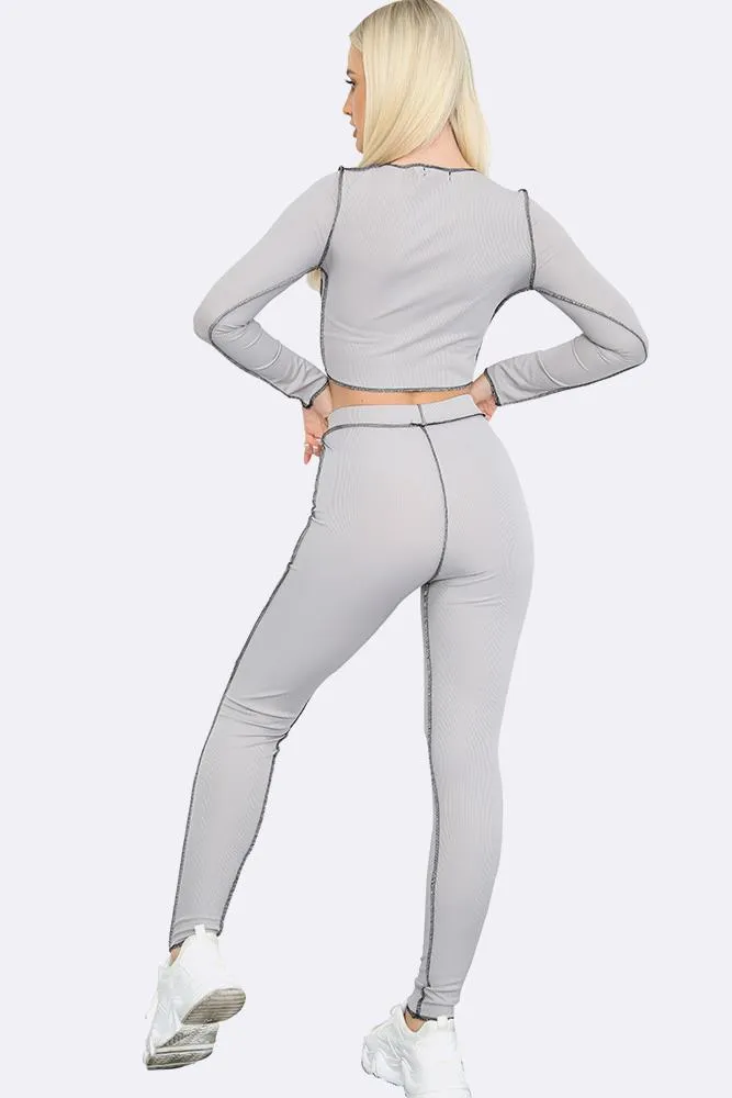 Contrast Stitch Lace Up Crop Top & Leggings Set