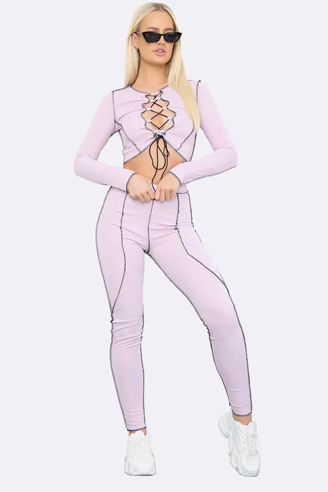 Contrast Stitch Lace Up Crop Top & Leggings Set