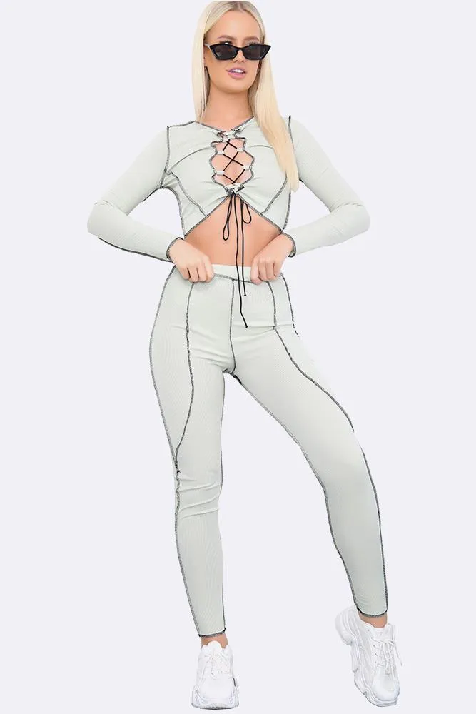 Contrast Stitch Lace Up Crop Top & Leggings Set