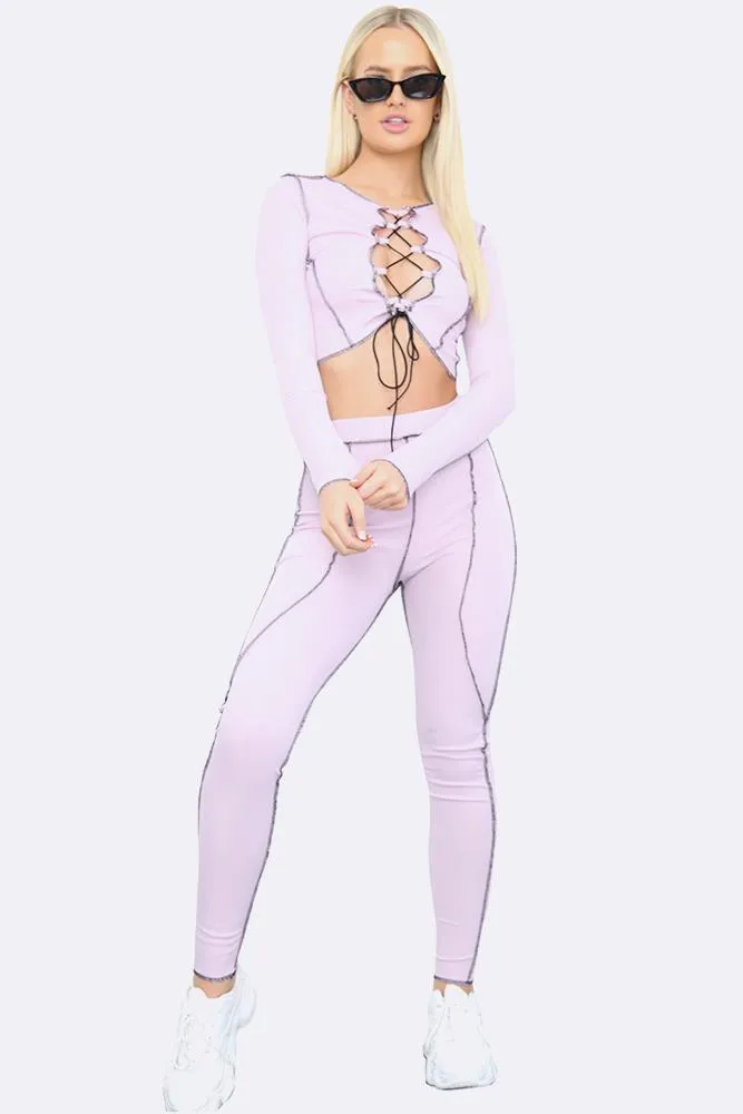 Contrast Stitch Lace Up Crop Top & Leggings Set