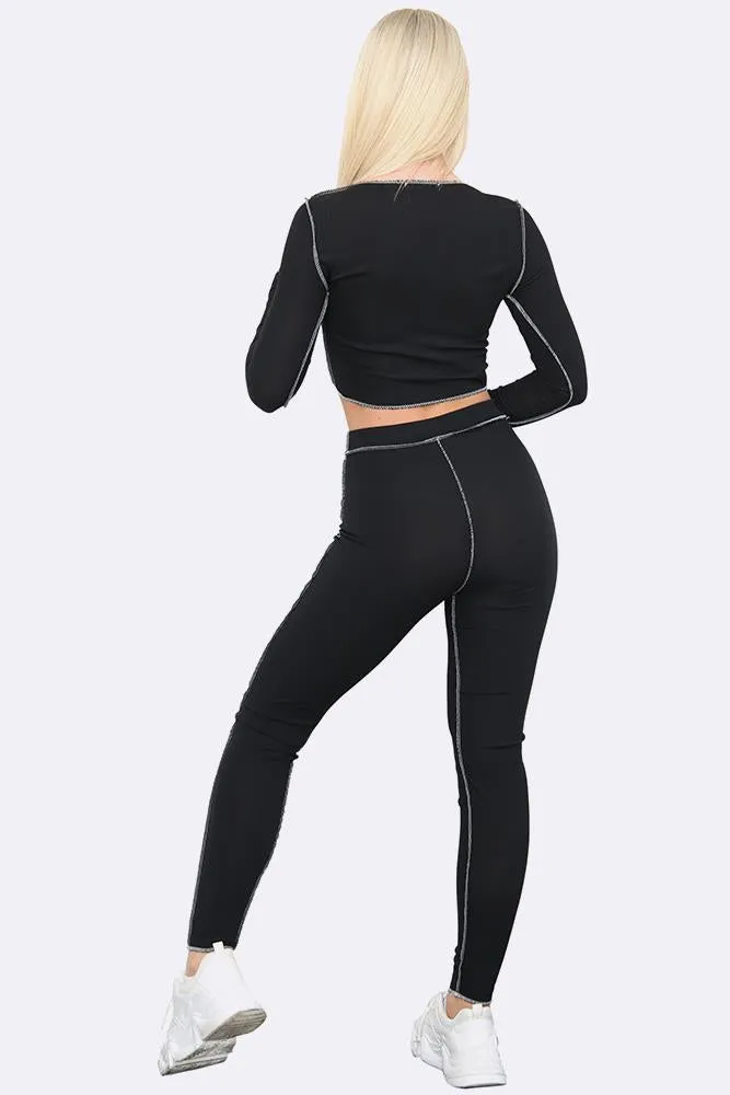 Contrast Stitch Lace Up Crop Top & Leggings Set