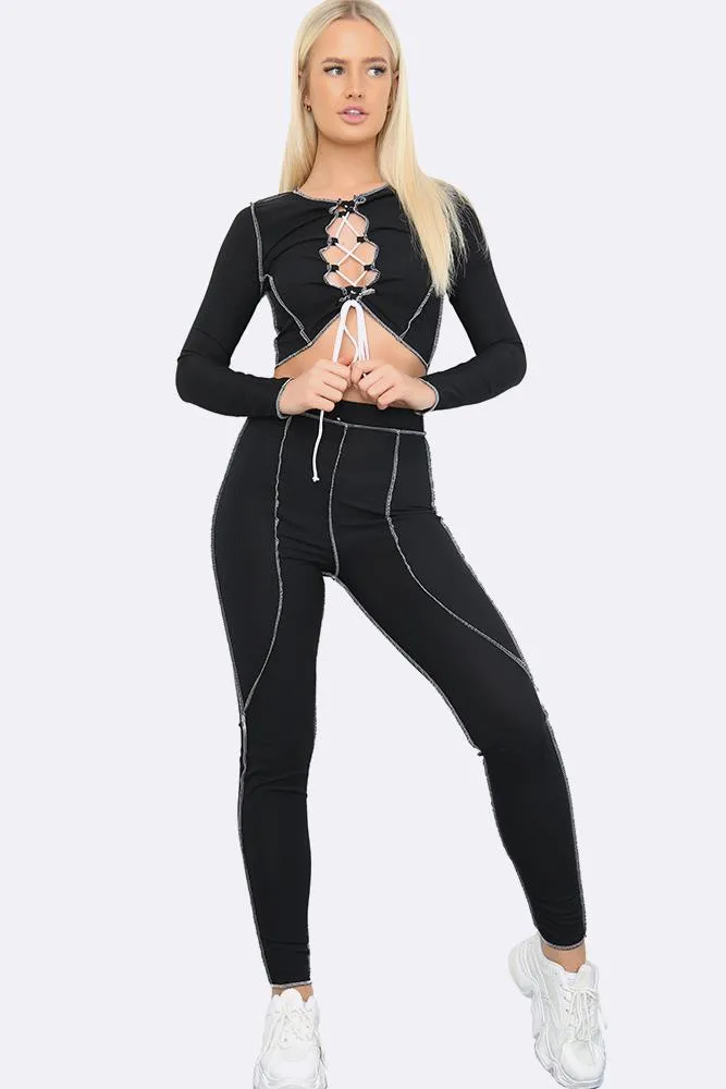 Contrast Stitch Lace Up Crop Top & Leggings Set