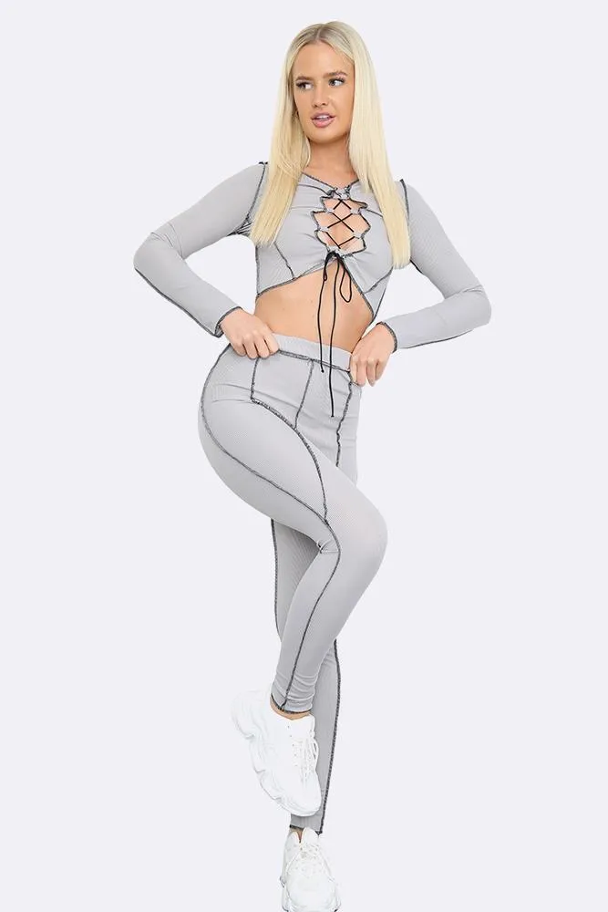 Contrast Stitch Lace Up Crop Top & Leggings Set