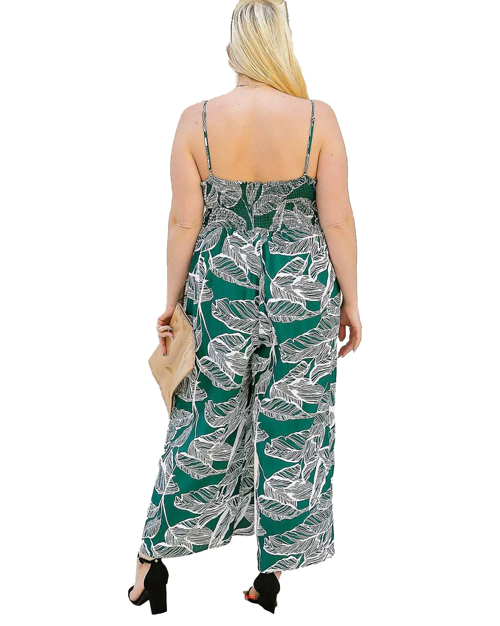 Eva Palm Leaf Wide Leg Jumpsuit | Green with white leaves