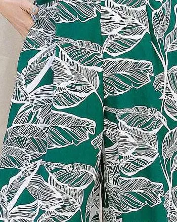 Eva Palm Leaf Wide Leg Jumpsuit | Green with white leaves