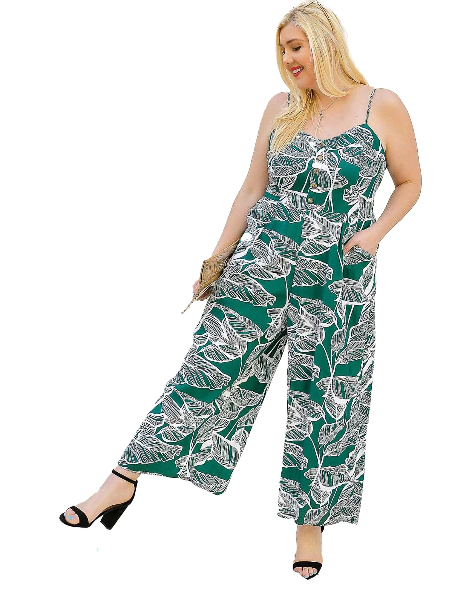 Eva Palm Leaf Wide Leg Jumpsuit | Green with white leaves