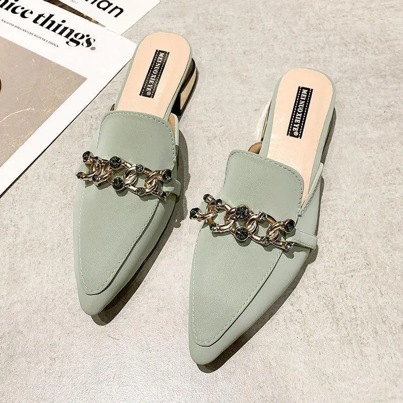 Finn Chain Pointed Toe Mule Closed Toe Half Slippers Women Summer Square Heel Pointed Toe Metal Chain Mules Shoes Women