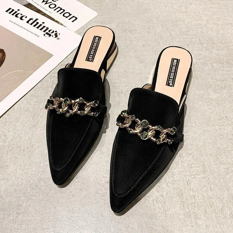 Finn Chain Pointed Toe Mule Closed Toe Half Slippers Women Summer Square Heel Pointed Toe Metal Chain Mules Shoes Women
