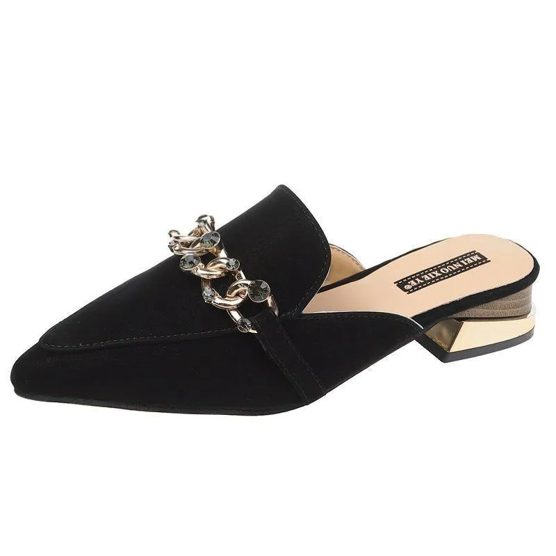 Finn Chain Pointed Toe Mule Closed Toe Half Slippers Women Summer Square Heel Pointed Toe Metal Chain Mules Shoes Women