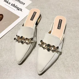 Finn Chain Pointed Toe Mule Closed Toe Half Slippers Women Summer Square Heel Pointed Toe Metal Chain Mules Shoes Women
