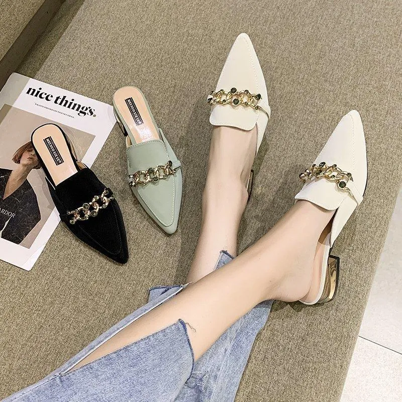 Finn Chain Pointed Toe Mule Closed Toe Half Slippers Women Summer Square Heel Pointed Toe Metal Chain Mules Shoes Women