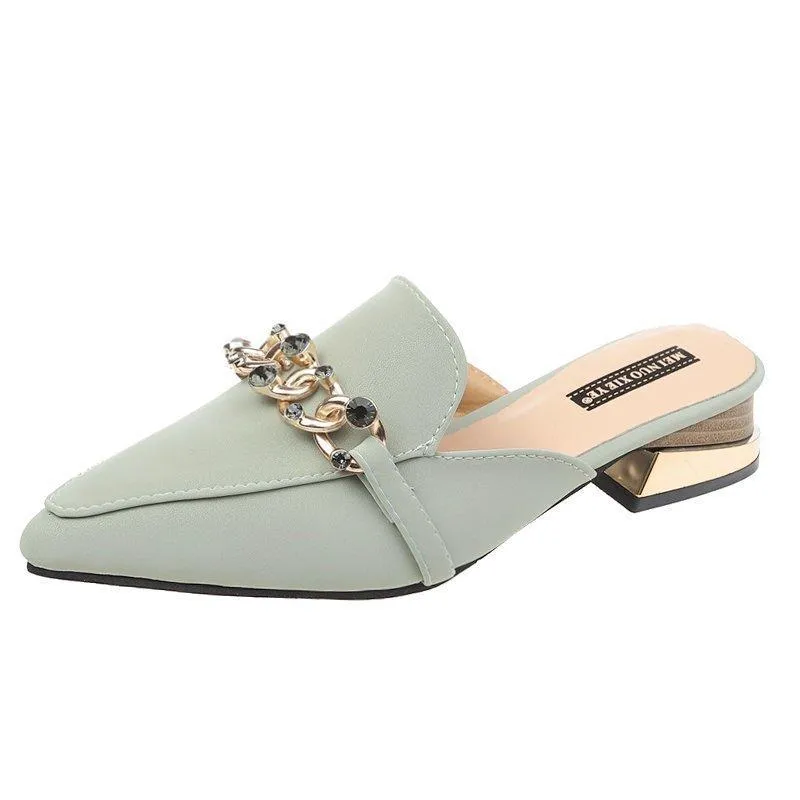 Finn Chain Pointed Toe Mule Closed Toe Half Slippers Women Summer Square Heel Pointed Toe Metal Chain Mules Shoes Women