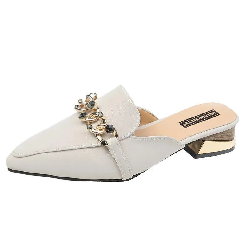 Finn Chain Pointed Toe Mule Closed Toe Half Slippers Women Summer Square Heel Pointed Toe Metal Chain Mules Shoes Women