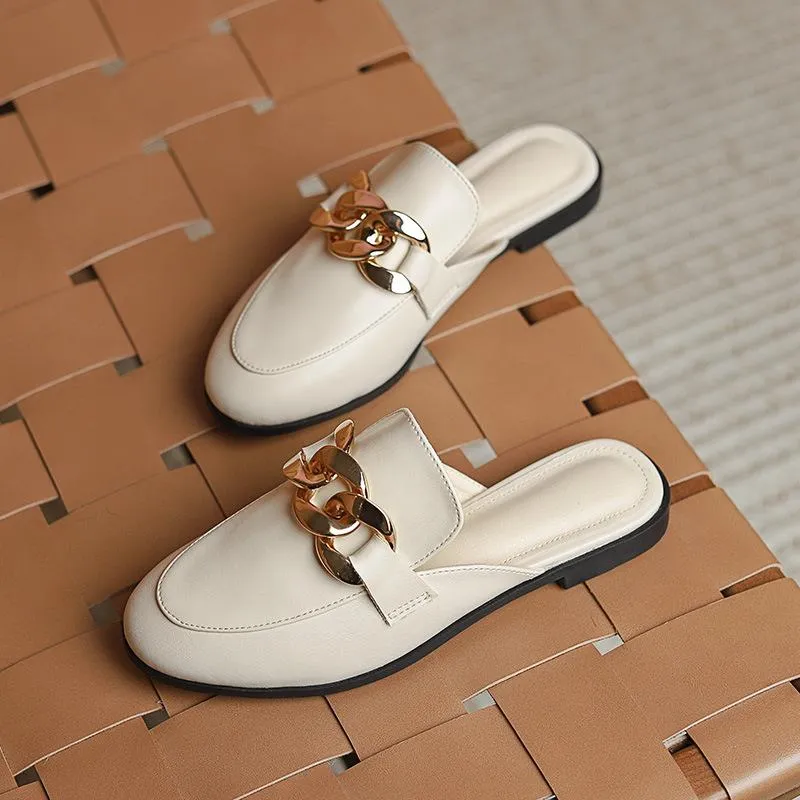 Finn Chain Pointed Toe Mule Spring and Autumn Closed Toe Metal Chain Muller Half Slippers Women's Outer Wear Soft Bottom Mary Jane Women's Shoes