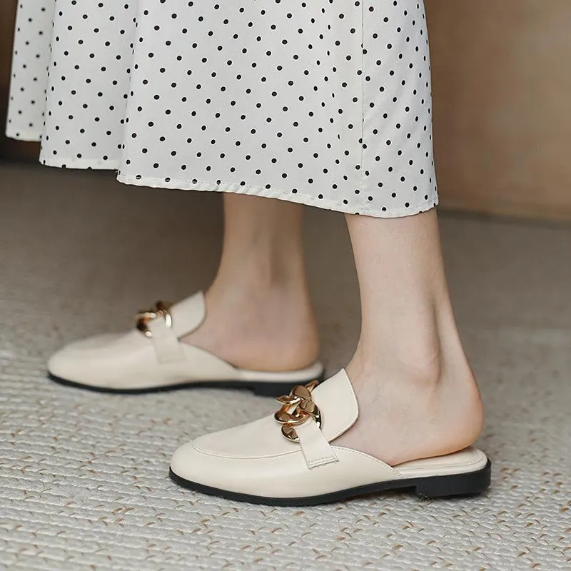 Finn Chain Pointed Toe Mule Spring and Autumn Closed Toe Metal Chain Muller Half Slippers Women's Outer Wear Soft Bottom Mary Jane Women's Shoes
