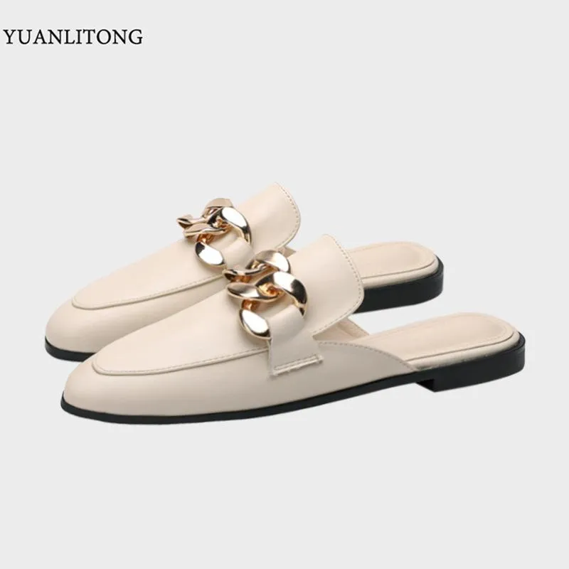Finn Chain Pointed Toe Mule Spring and Autumn Closed Toe Metal Chain Muller Half Slippers Women's Outer Wear Soft Bottom Mary Jane Women's Shoes