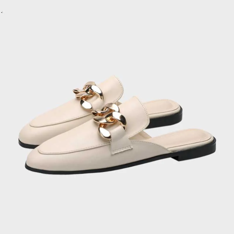 Finn Chain Pointed Toe Mule Spring and Autumn Closed Toe Metal Chain Muller Half Slippers Women's Outer Wear Soft Bottom Mary Jane Women's Shoes