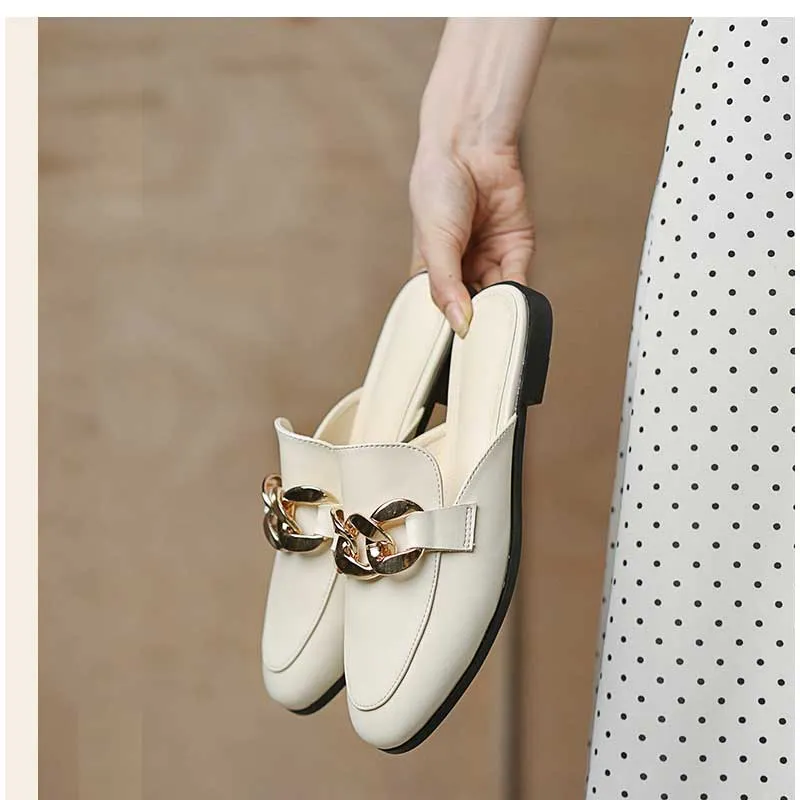 Finn Chain Pointed Toe Mule Spring and Autumn Closed Toe Metal Chain Muller Half Slippers Women's Outer Wear Soft Bottom Mary Jane Women's Shoes