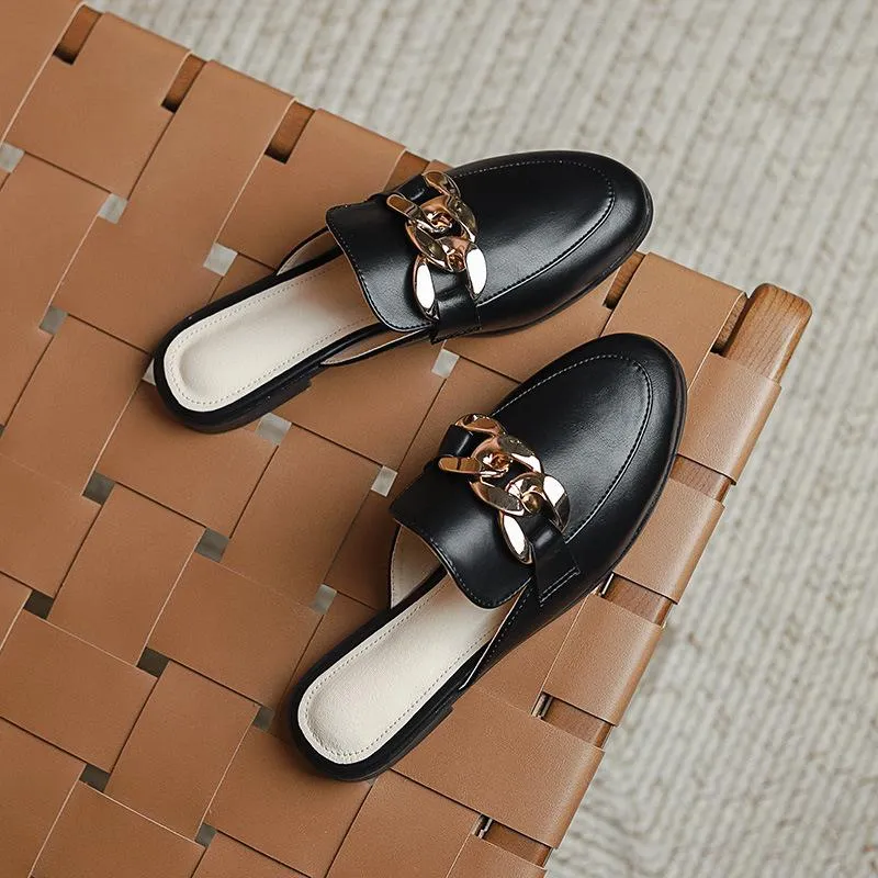 Finn Chain Pointed Toe Mule Spring and Autumn Closed Toe Metal Chain Muller Half Slippers Women's Outer Wear Soft Bottom Mary Jane Women's Shoes