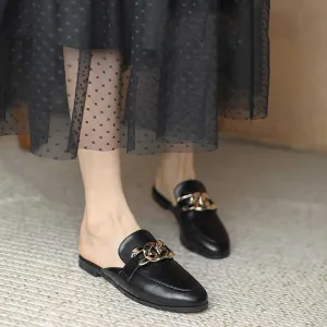 Finn Chain Pointed Toe Mule Spring and Autumn Closed Toe Metal Chain Muller Half Slippers Women's Outer Wear Soft Bottom Mary Jane Women's Shoes