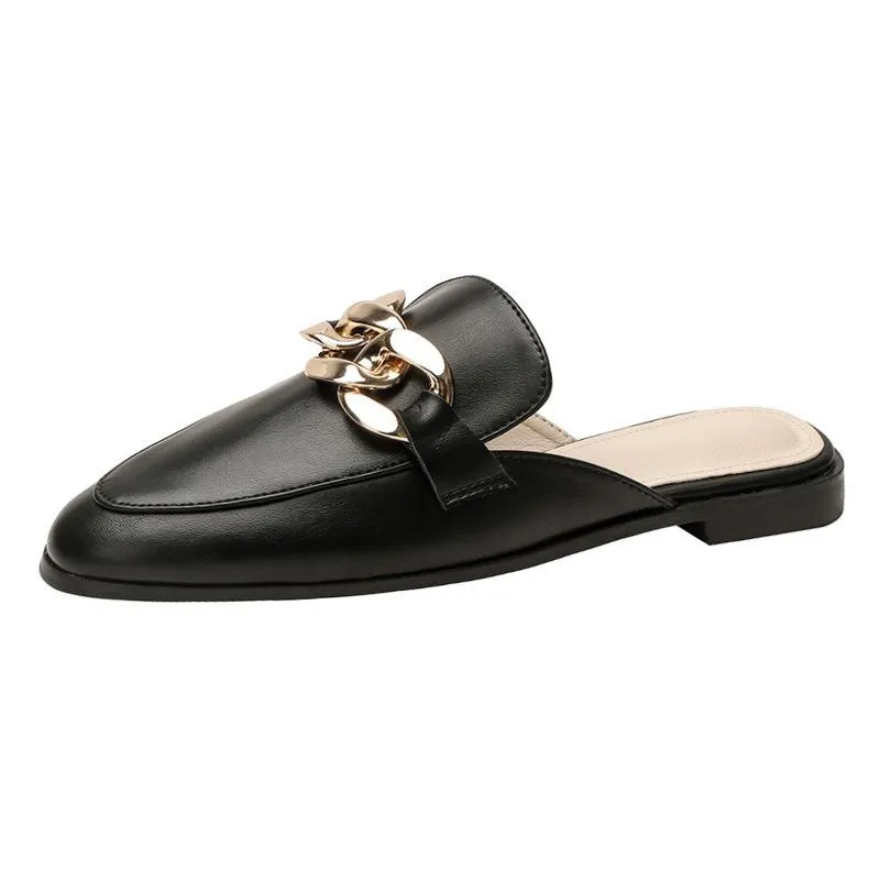 Finn Chain Pointed Toe Mule Spring and Autumn Closed Toe Metal Chain Muller Half Slippers Women's Outer Wear Soft Bottom Mary Jane Women's Shoes