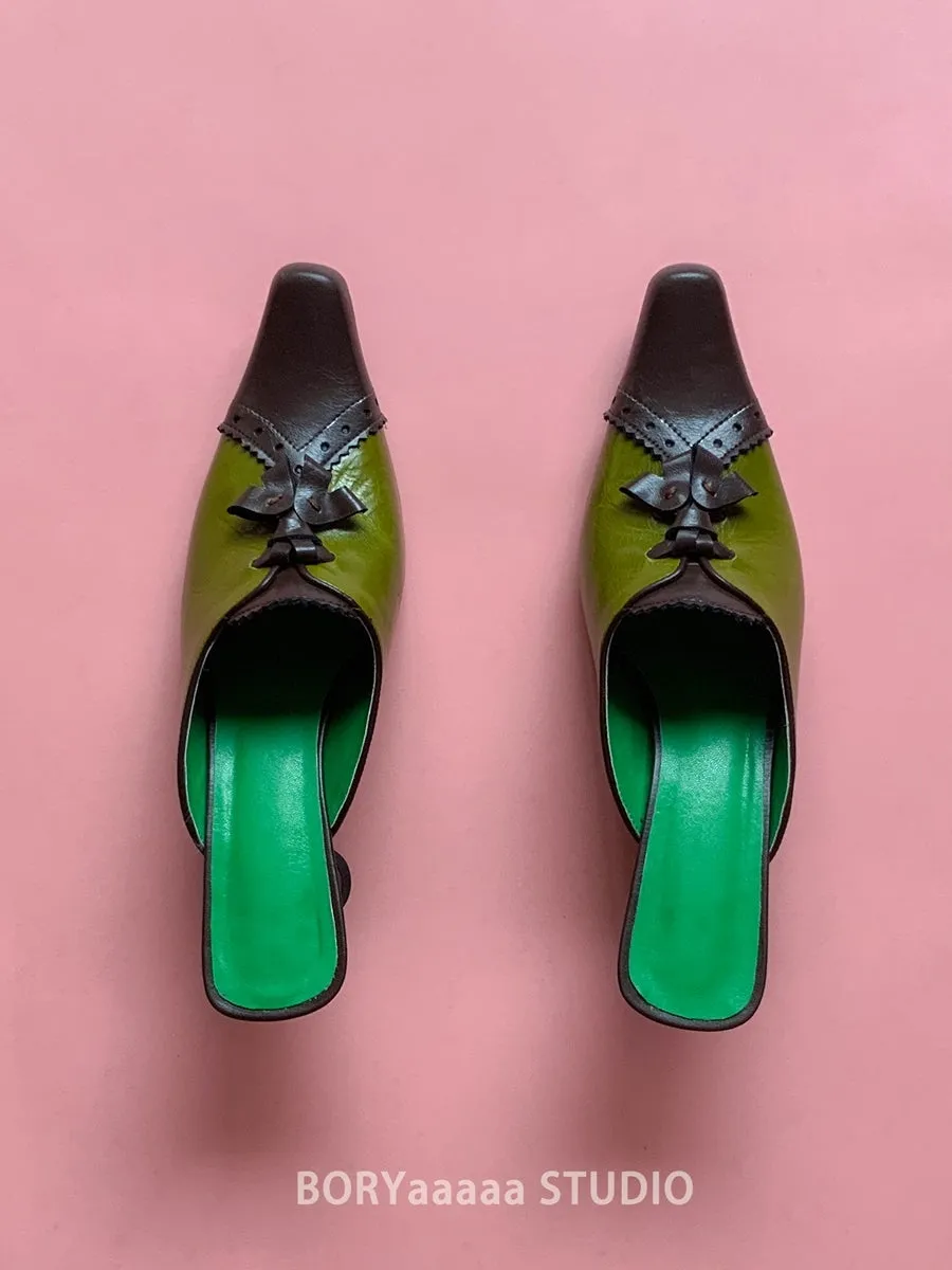 Flare-heel Leather Low-heel Mule