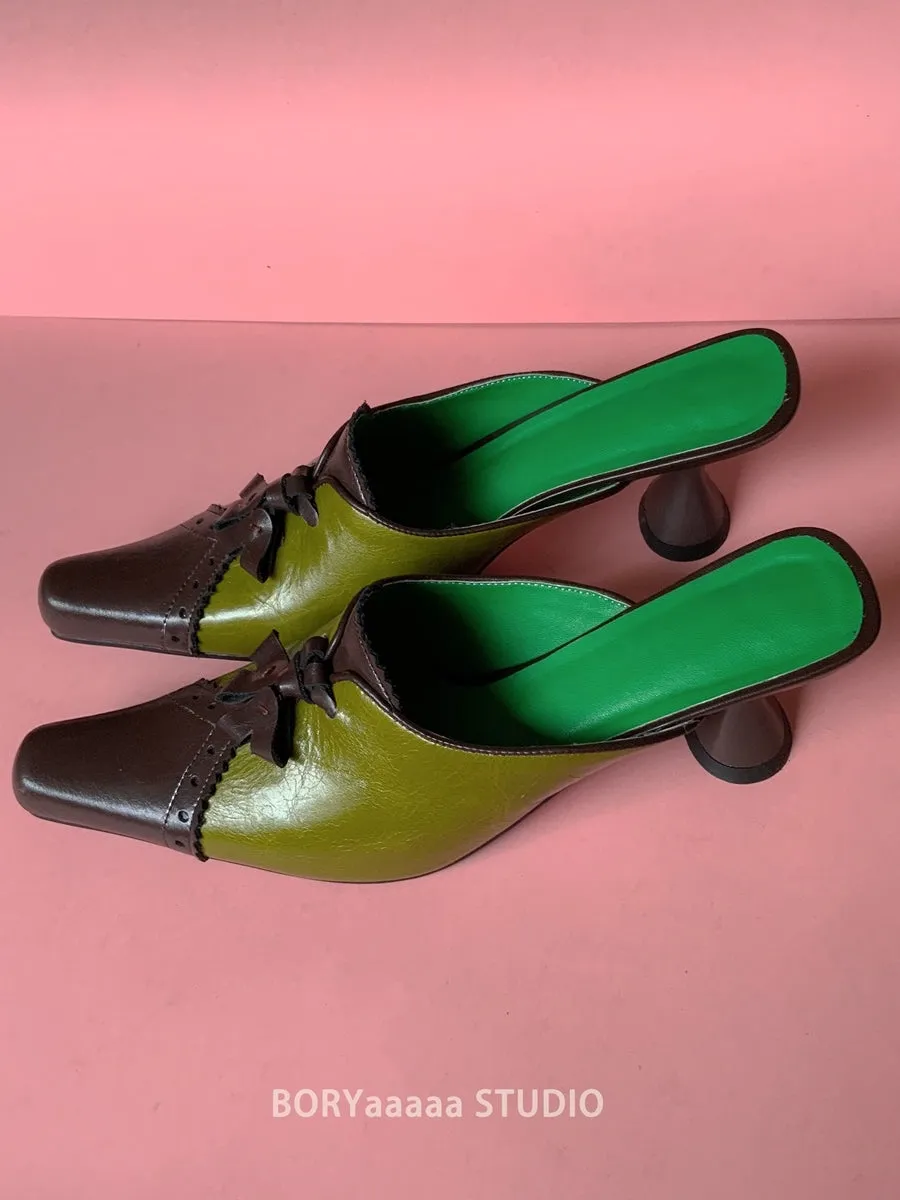 Flare-heel Leather Low-heel Mule